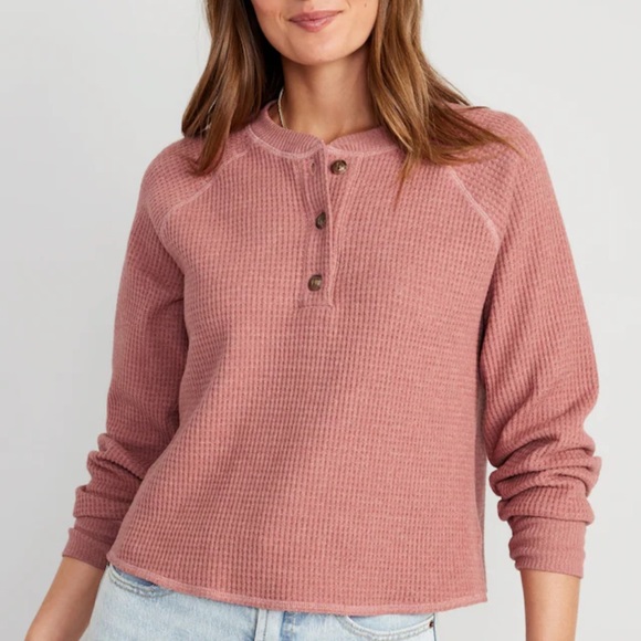 NWT OLD NAVY Waffle-Knit Henley Top Color: Dusty Pink - Picture 2 of 7